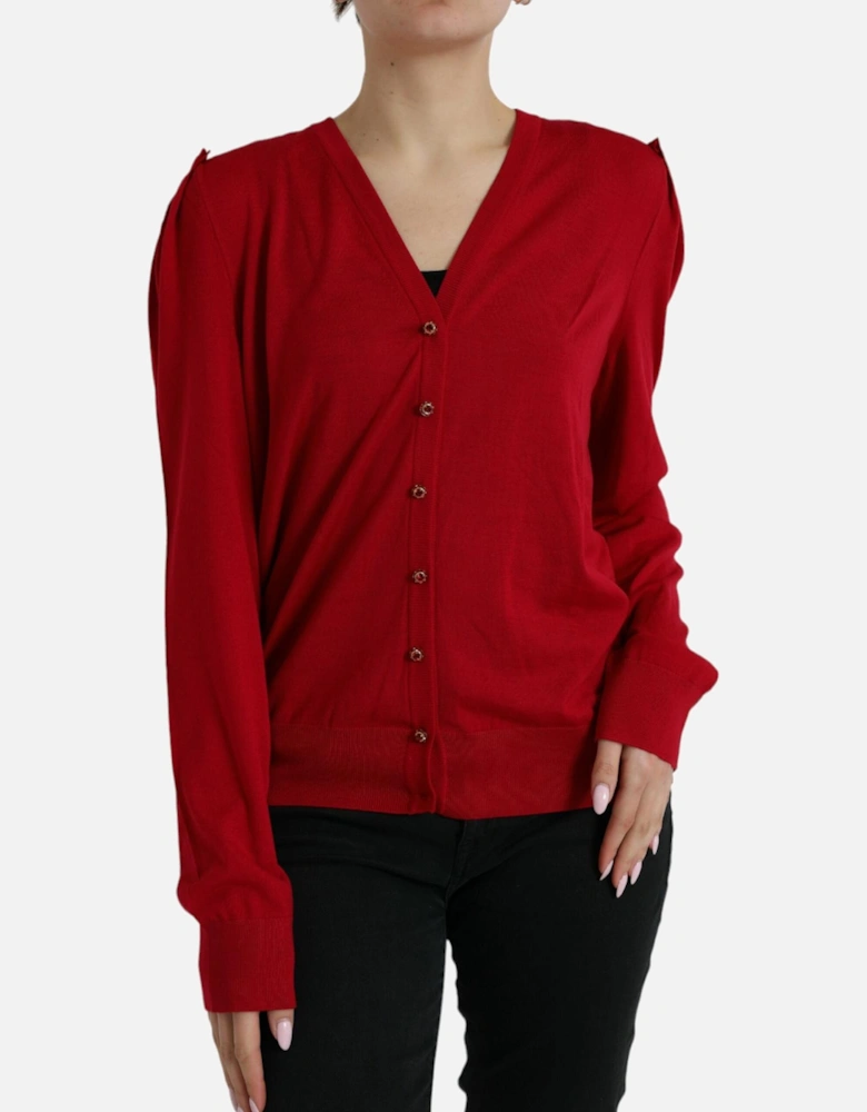 Red V-Neck Wool Cardigan for Women Sweaters