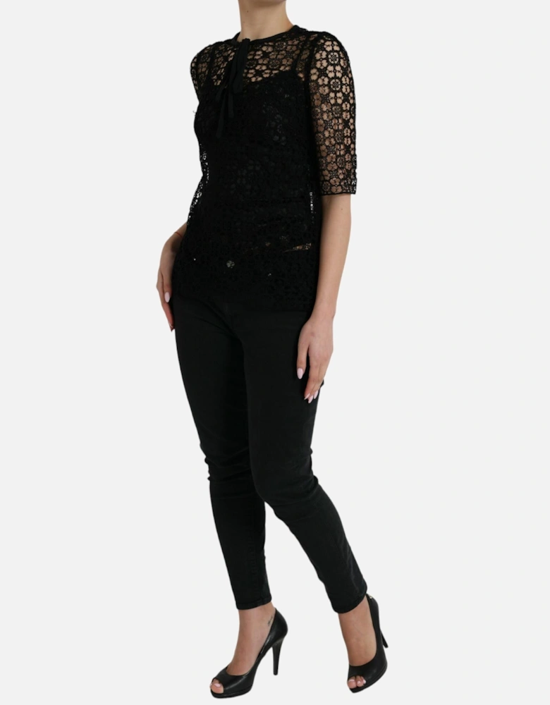 Floral Lace Cotton and Silk Blend Black Blouse Women T-Shirts