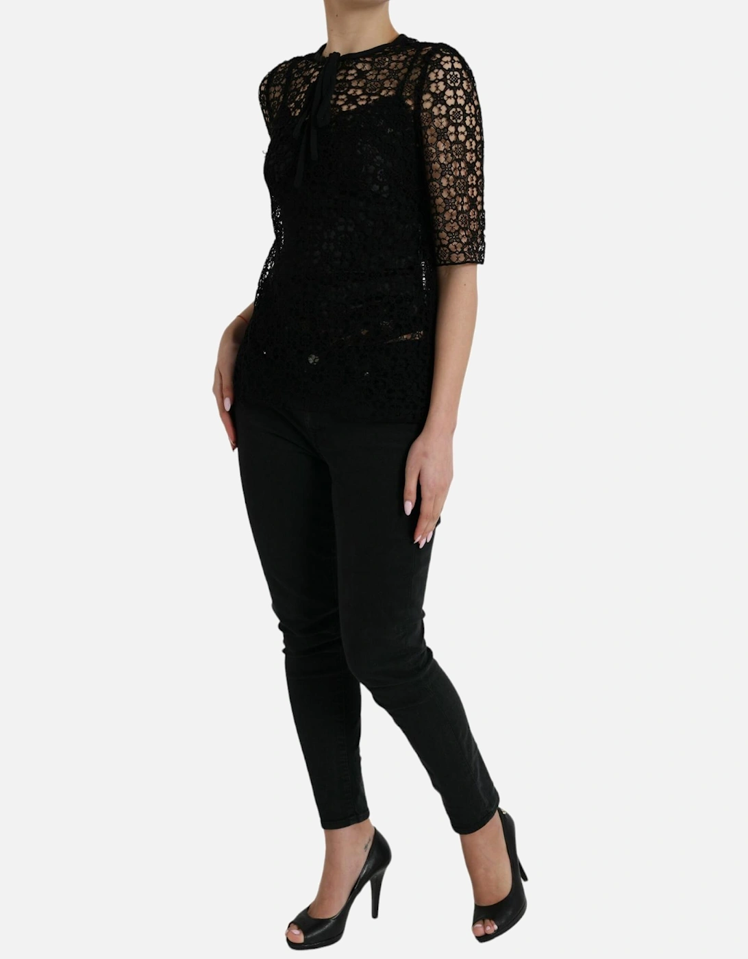 Floral Lace Cotton and Silk Blend Black Blouse Women T-Shirts