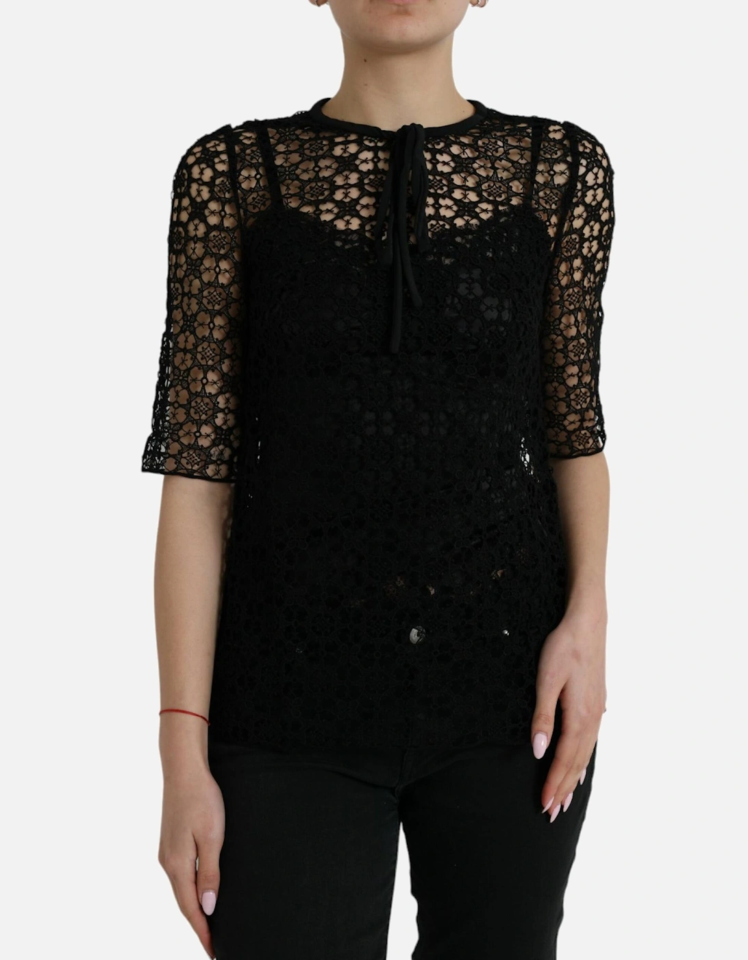 Floral Lace Cotton and Silk Blend Black Blouse Women T-Shirts, 7 of 6
