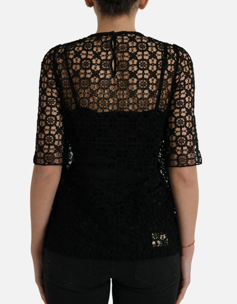 Floral Lace Cotton and Silk Blend Black Blouse Women T-Shirts