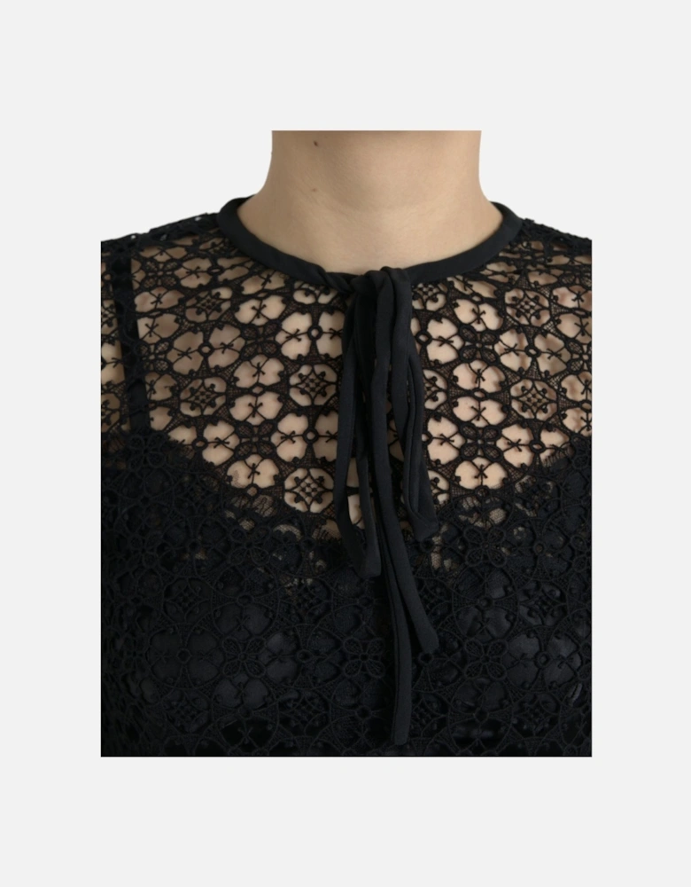 Floral Lace Cotton and Silk Blend Black Blouse Women T-Shirts