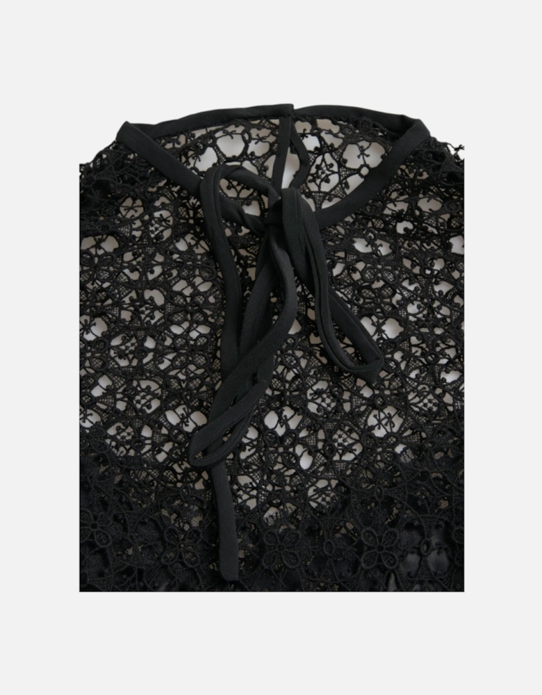Floral Lace Cotton and Silk Blend Black Blouse Women T-Shirts