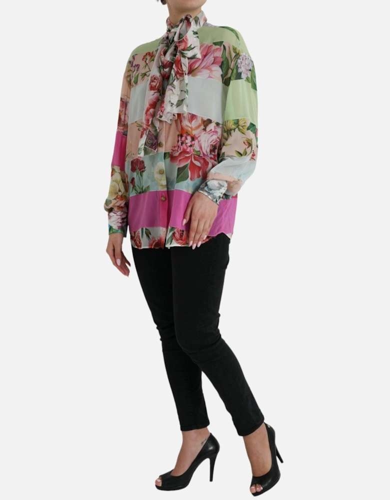 Exquisite Multicolor Long Sleeve Top with Ascot Collar by a Designer