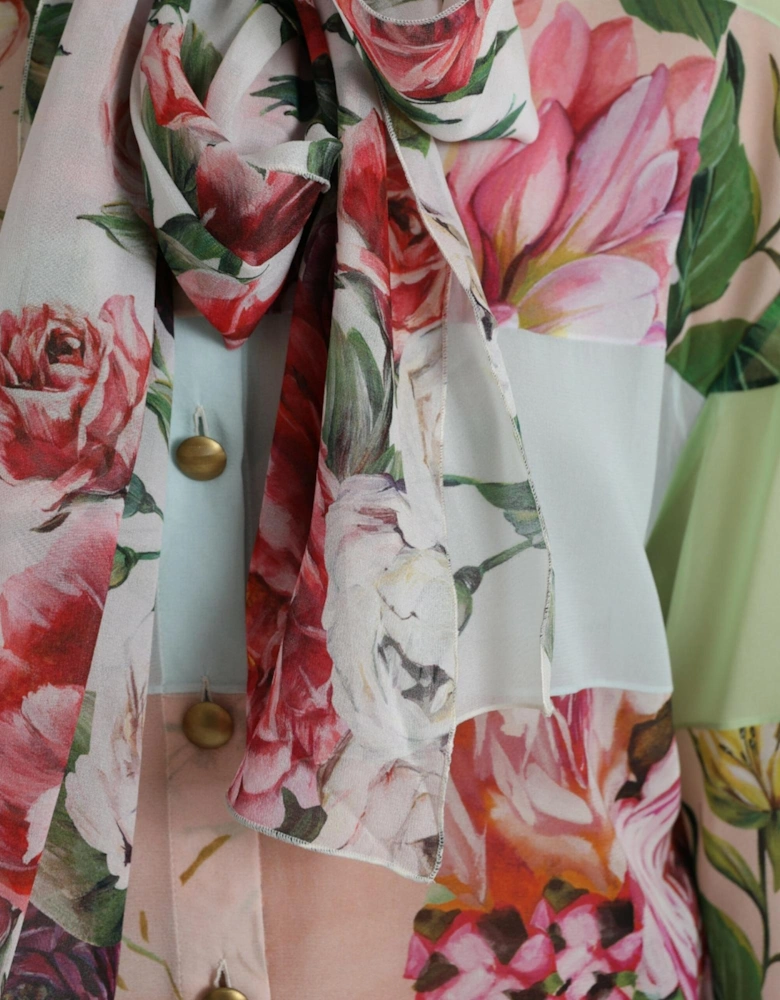 Exquisite Multicolor Long Sleeve Top with Ascot Collar by a Designer