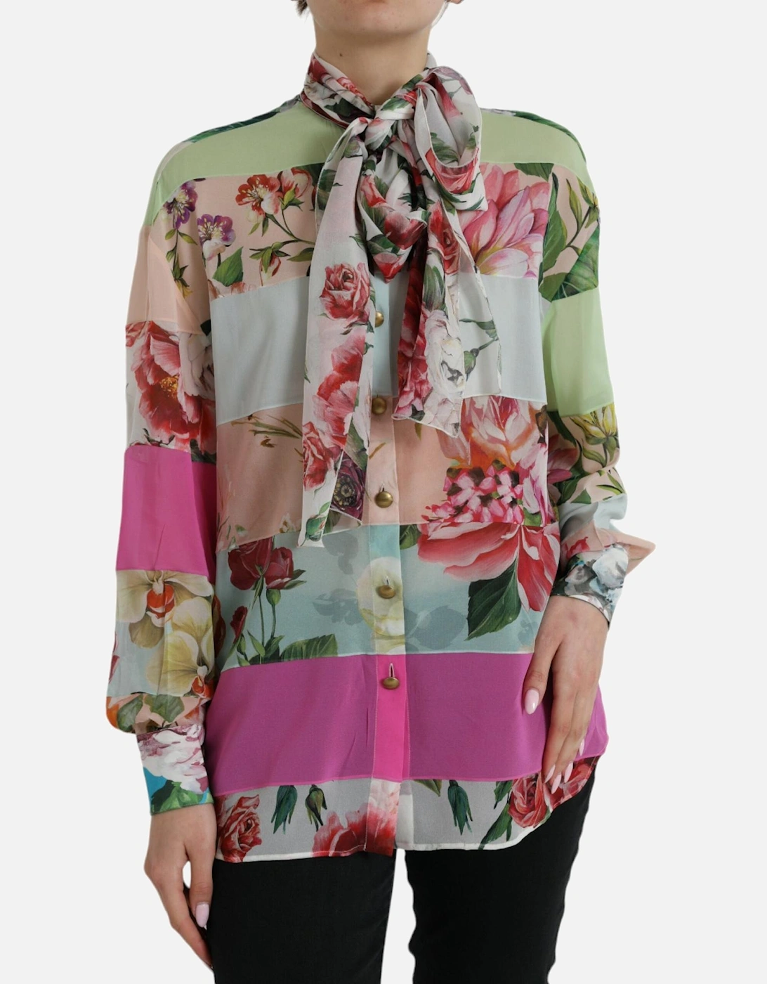 Exquisite Multicolor Long Sleeve Top with Ascot Collar by a Designer, 7 of 6