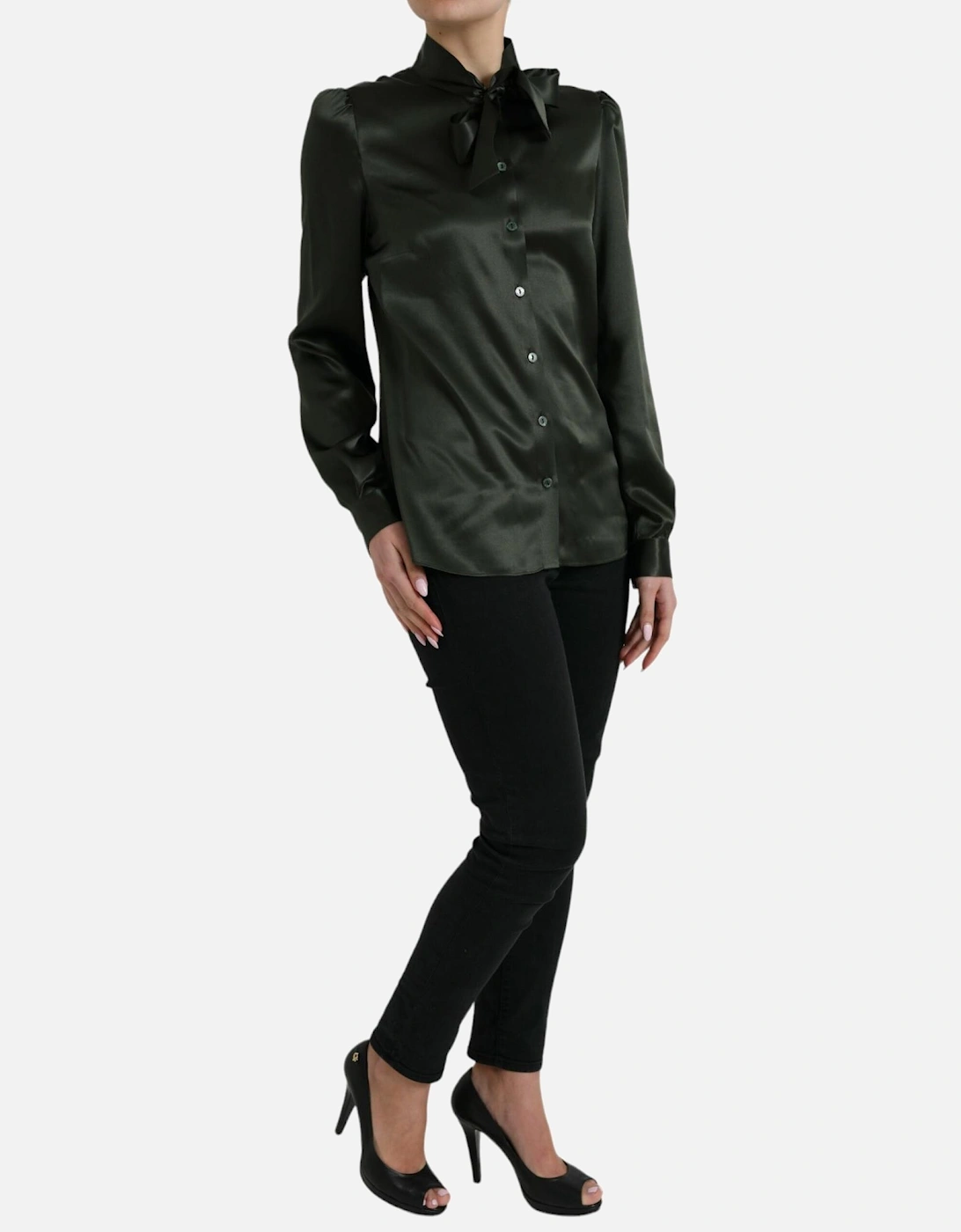 Black Silk Ascot Collar Blouse Top Women T-Shirts