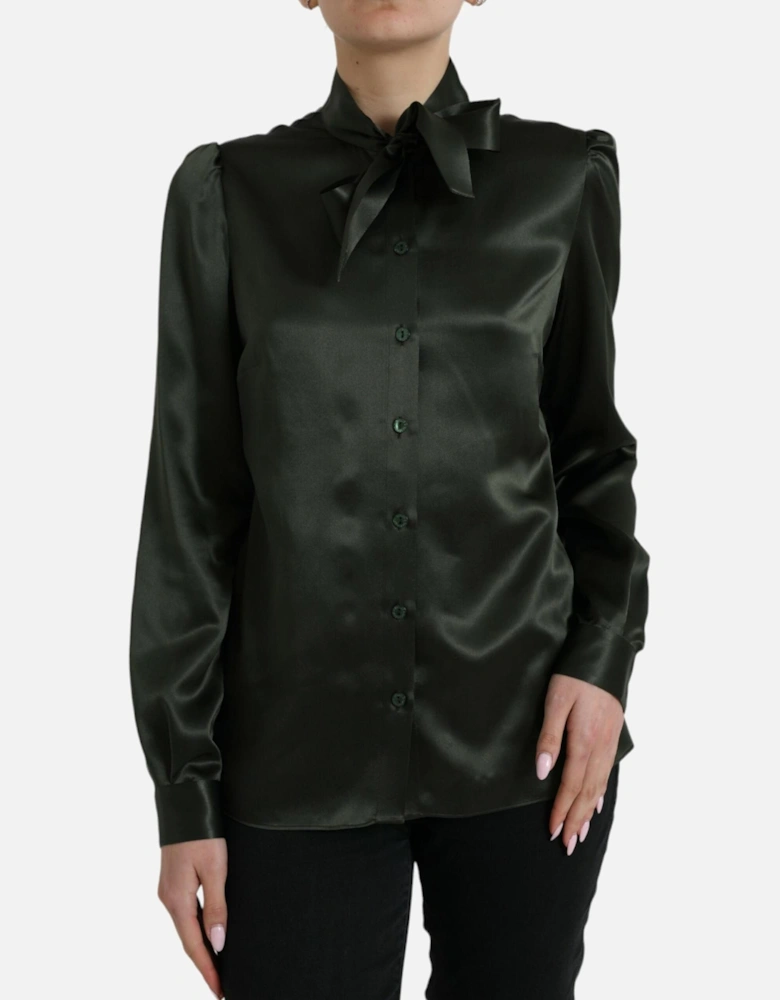 Black Silk Ascot Collar Blouse Top Women T-Shirts