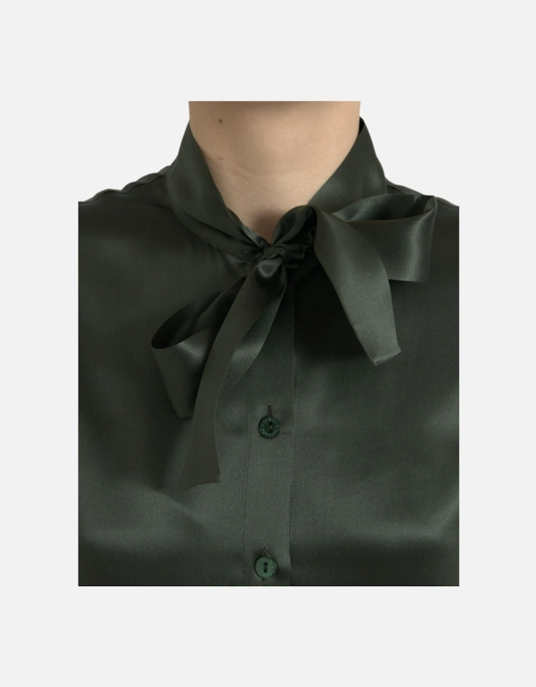 Black Silk Ascot Collar Blouse Top Women T-Shirts