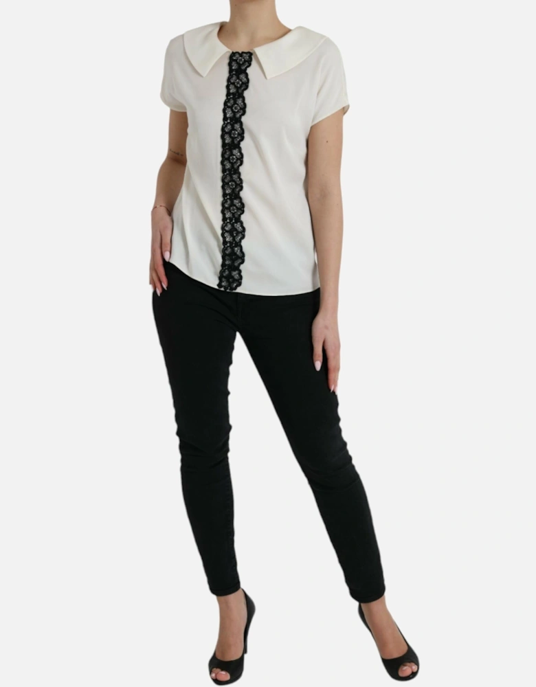 Off-White Silk Blend Lace Collared Blouse Top Women - Off White