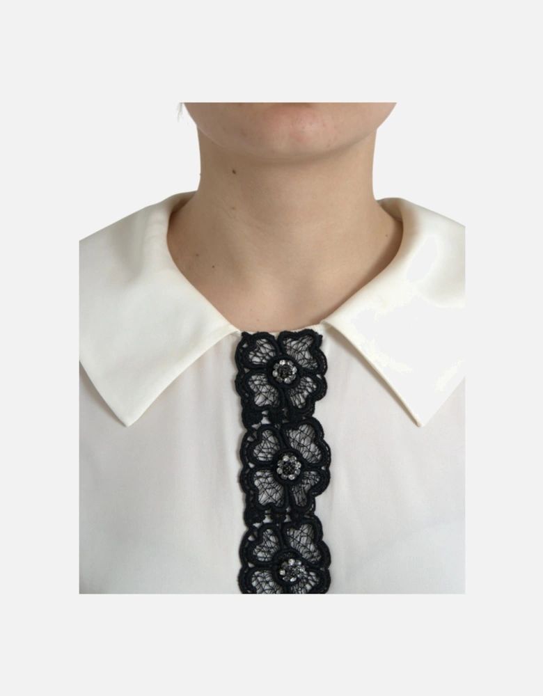 Off-White Silk Blend Lace Collared Blouse Top Women - Off White