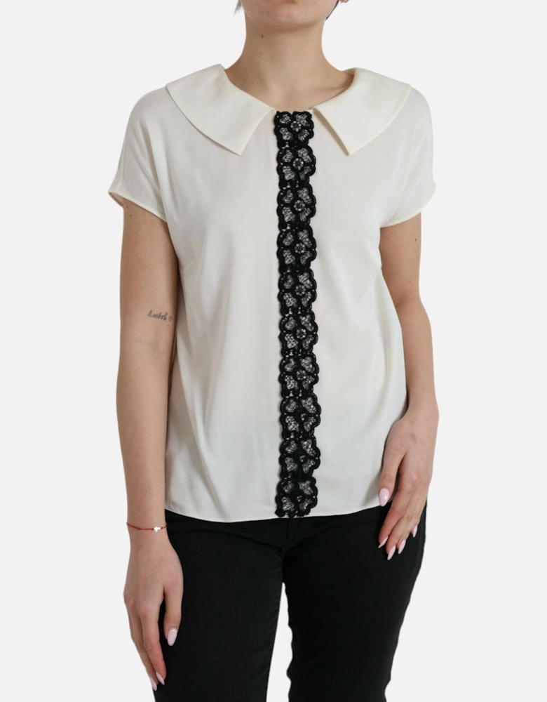 Off-White Silk Blend Lace Collared Blouse Top Women - Off White