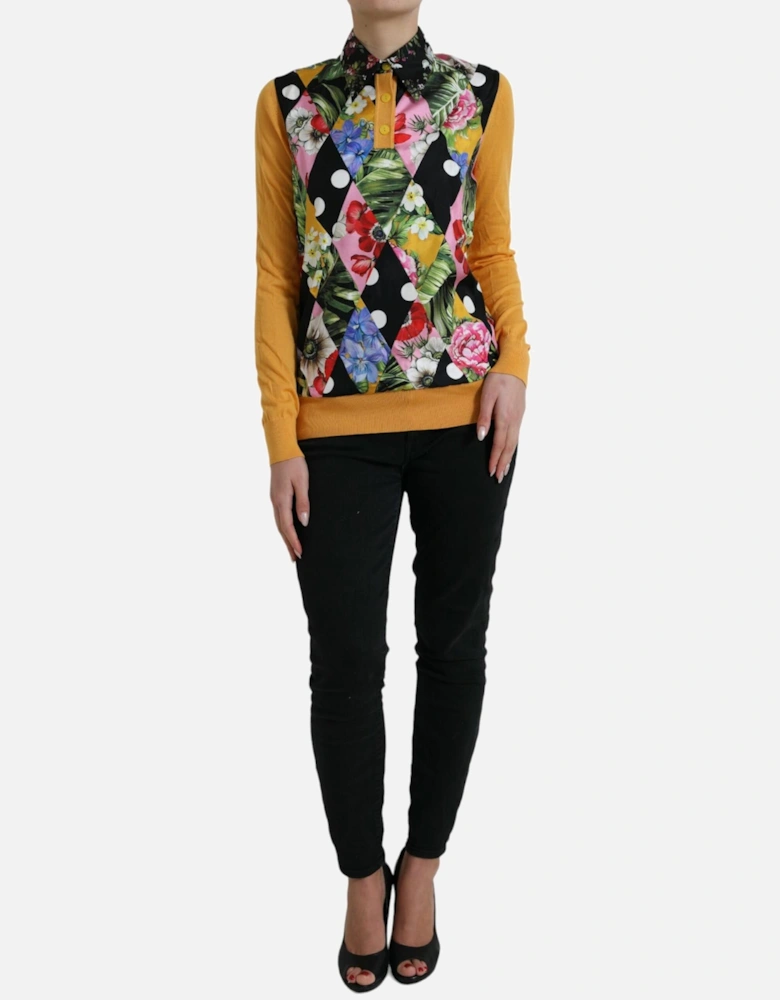 Patchwork Henley Shirt Sweater with Silk Lining Women - Multicolor