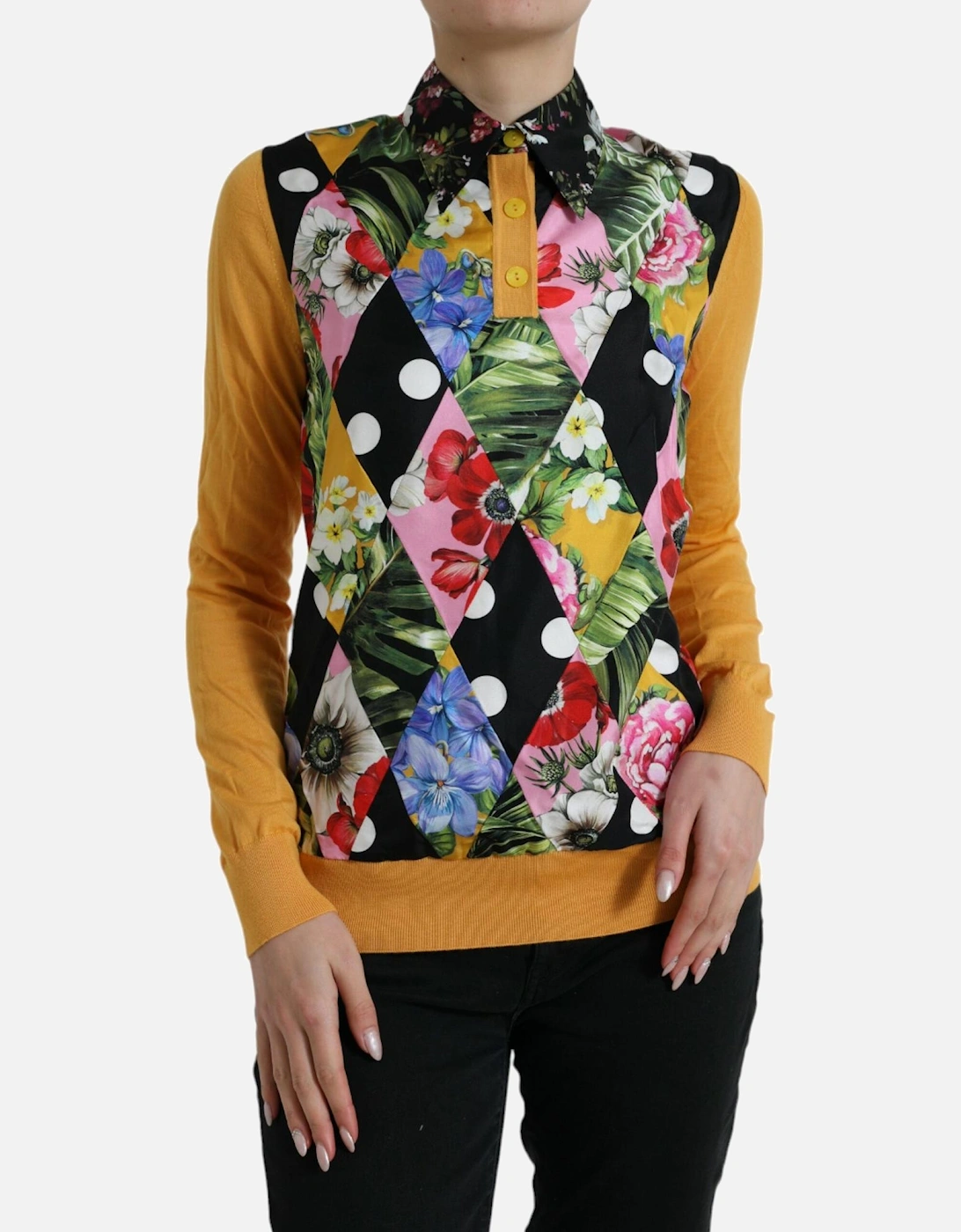 Patchwork Henley Shirt Sweater with Silk Lining Women - Multicolor, 7 of 6