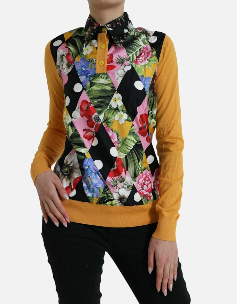 Patchwork Henley Shirt Sweater with Silk Lining Women - Multicolor