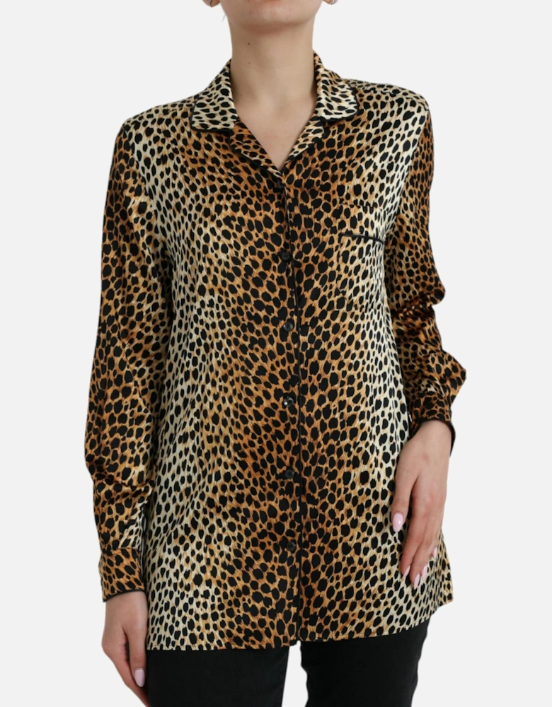 Luxurious Animal Print Silk Blend Blouse with Button Closure Women -