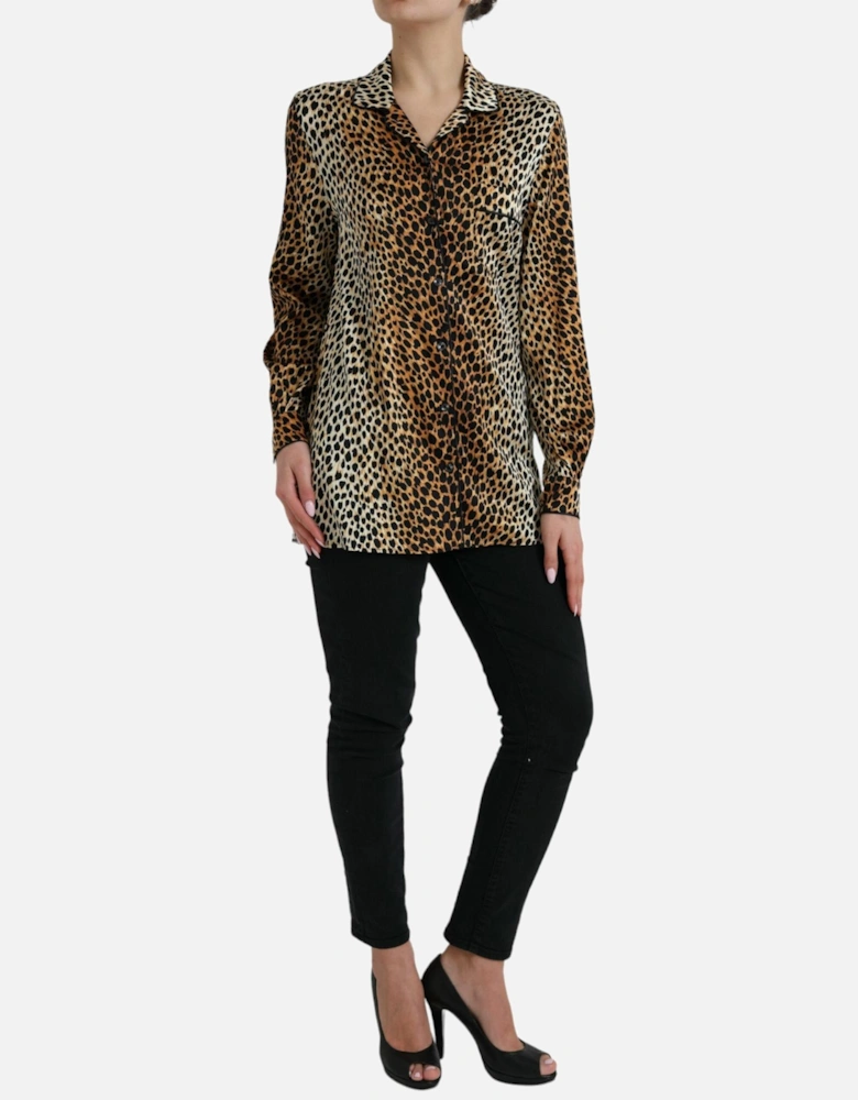 Luxurious Animal Print Silk Blend Blouse with Button Closure Women -