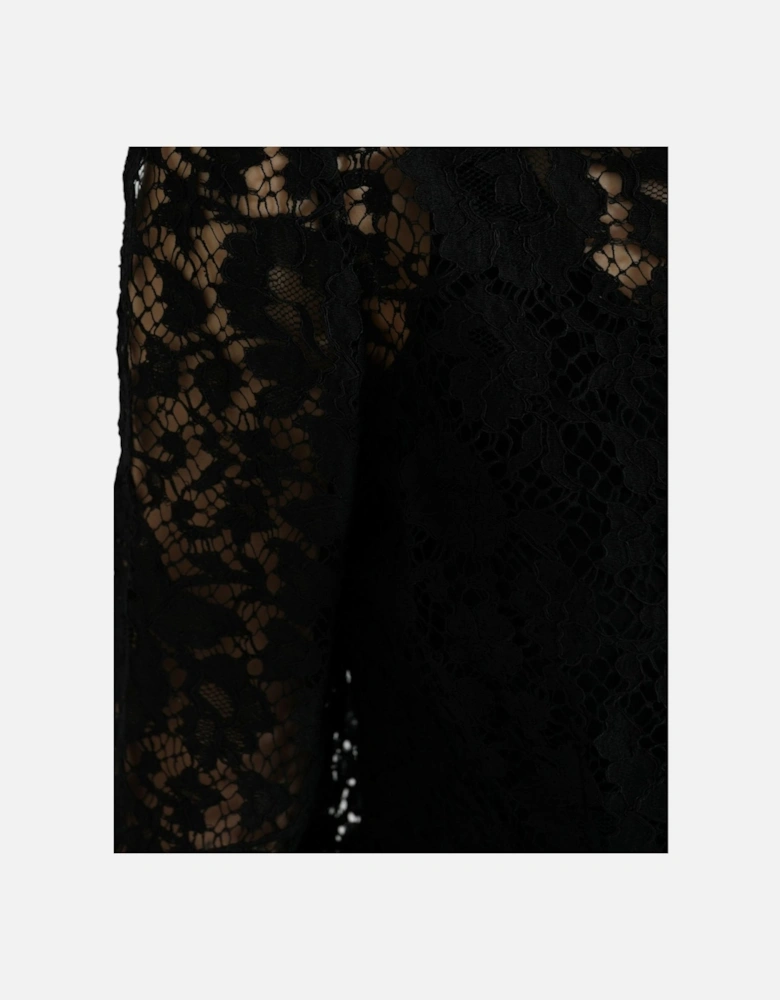 Black Long-Sleeved Floral Lace Blouse with Button Front Closure Women