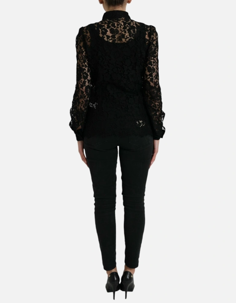 Black Long-Sleeved Floral Lace Blouse with Button Front Closure Women