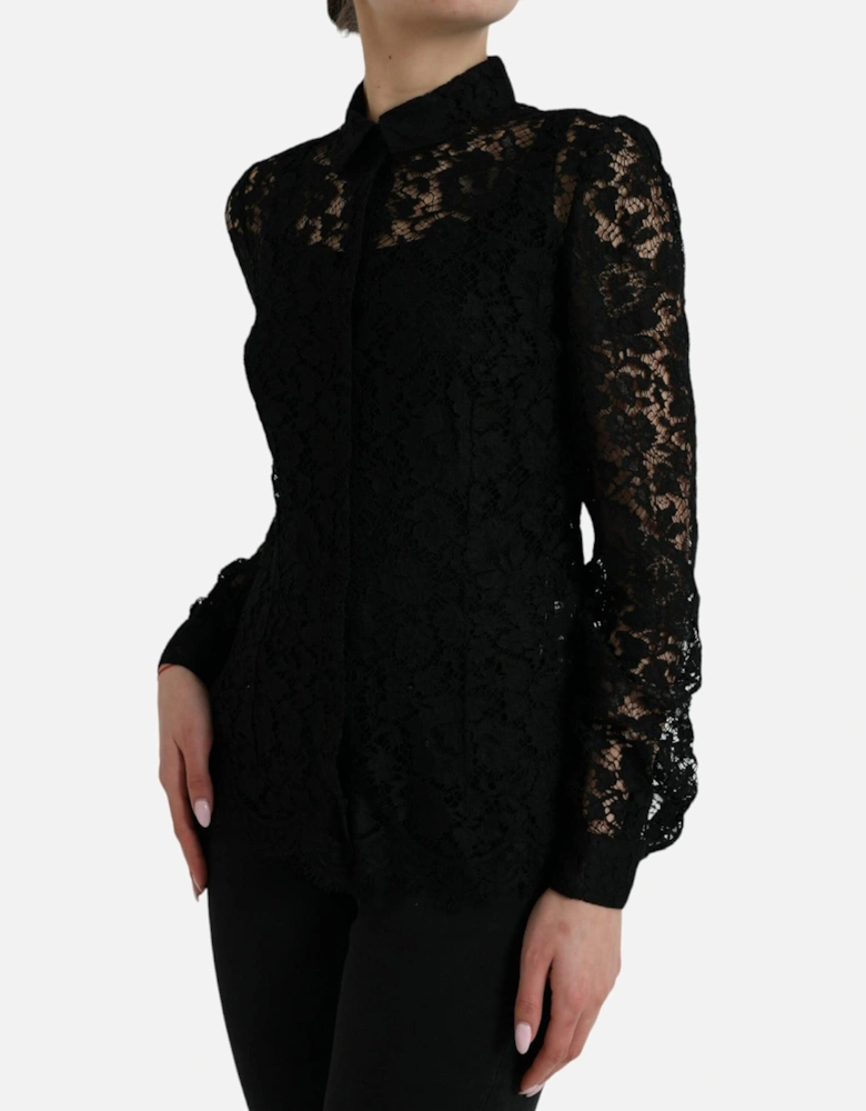 Black Long-Sleeved Floral Lace Blouse with Button Front Closure Women