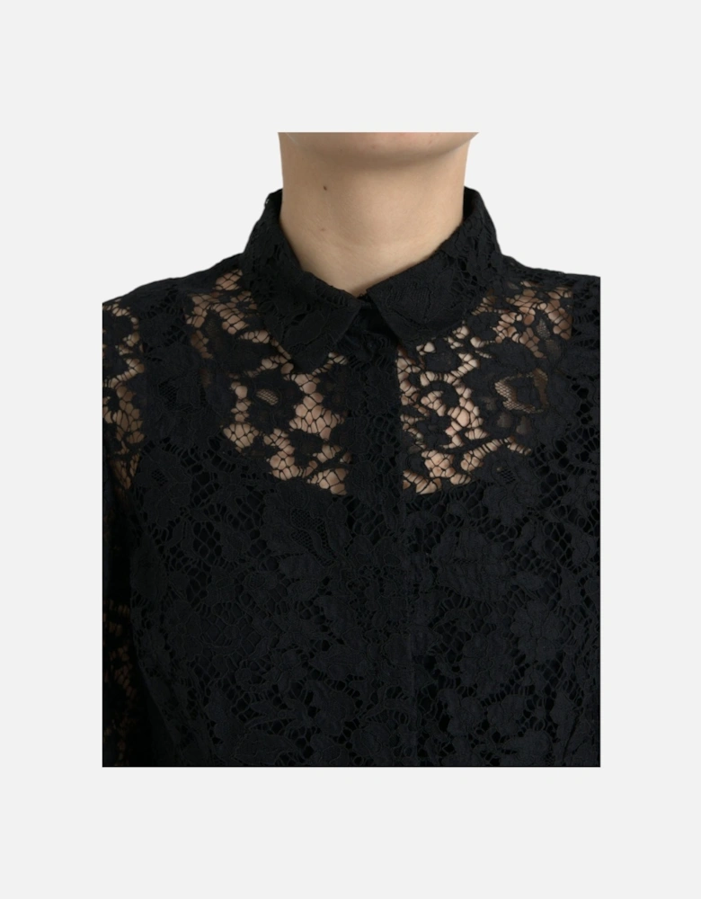 Black Long-Sleeved Floral Lace Blouse with Button Front Closure Women
