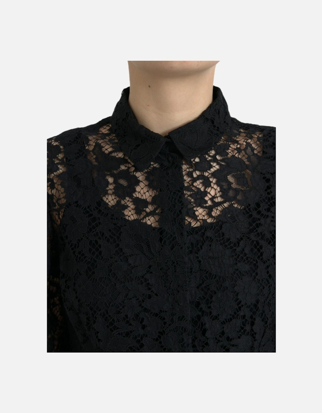 Black Long-Sleeved Floral Lace Blouse with Button Front Closure Women