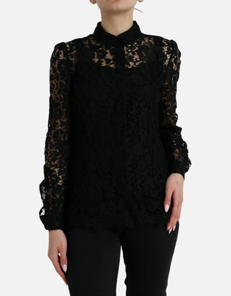Black Long-Sleeved Floral Lace Blouse with Button Front Closure Women