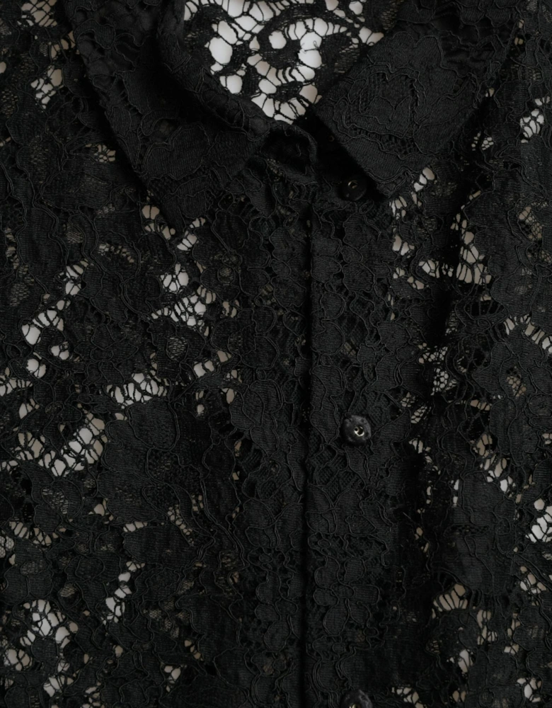 Black Long-Sleeved Floral Lace Blouse with Button Front Closure Women