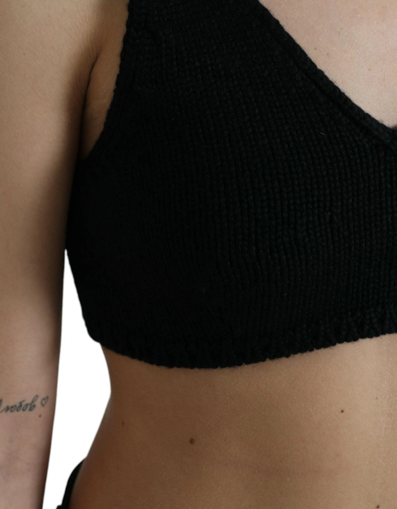 Black Cashmere Bustier Crop Top with Logo Details Women T-Shirts