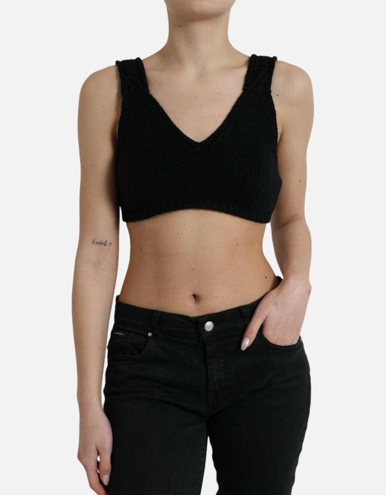 Black Cashmere Bustier Crop Top with Logo Details Women T-Shirts