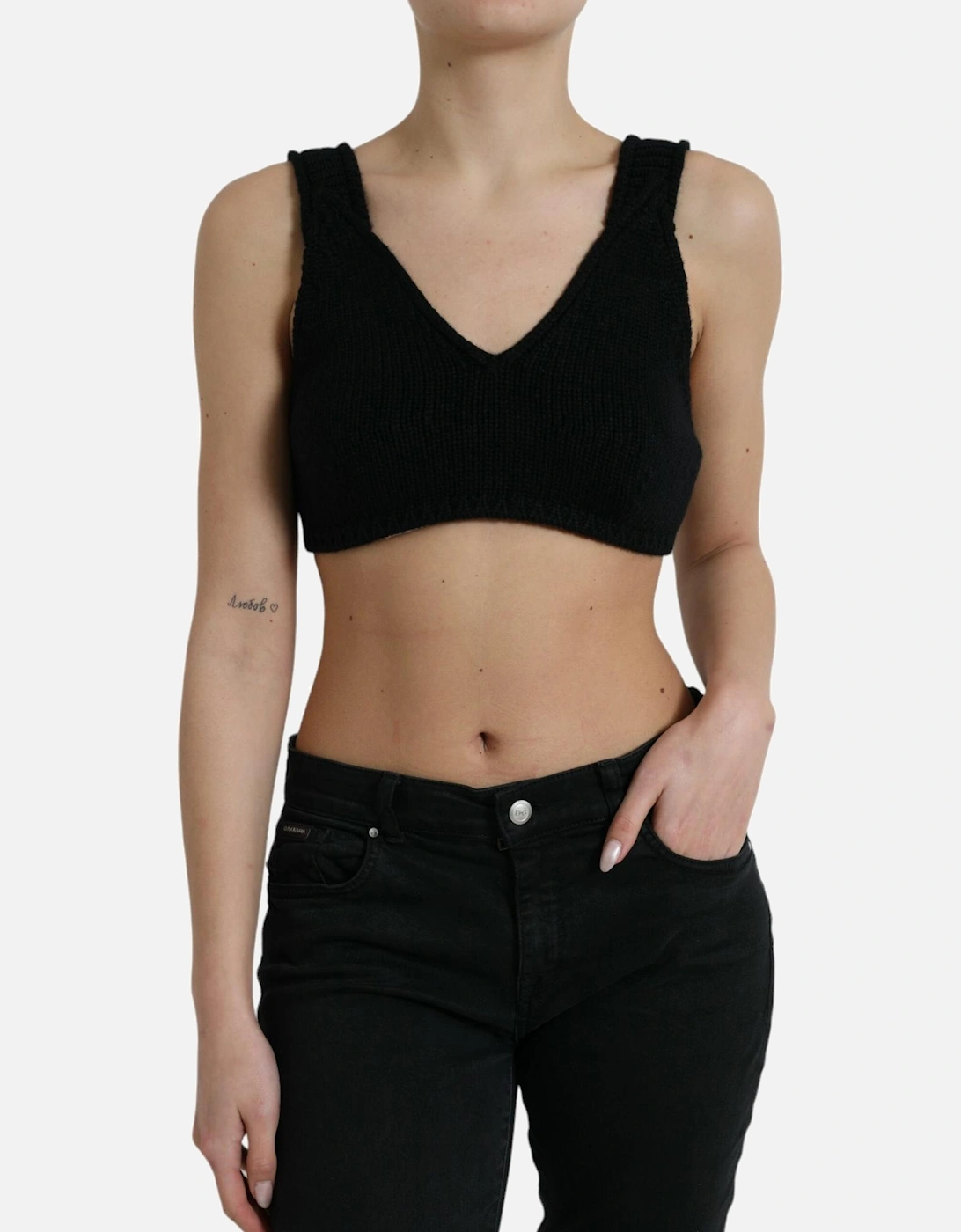 Black Cashmere Bustier Crop Top with Logo Details Women T-Shirts, 6 of 5