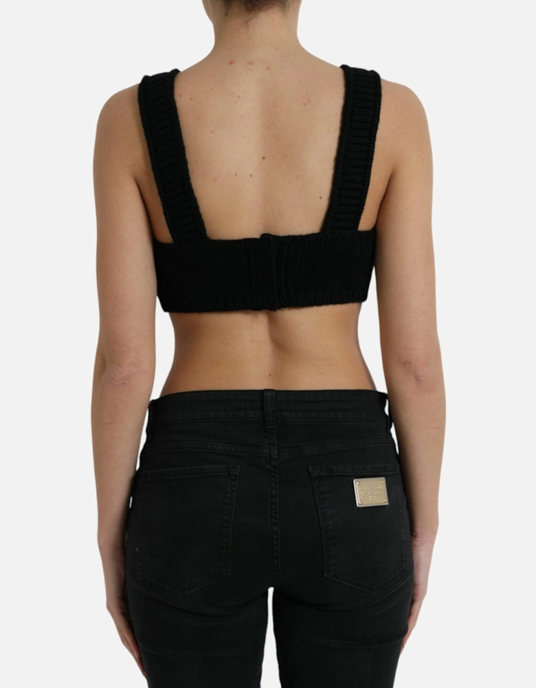Black Cashmere Bustier Crop Top with Logo Details Women T-Shirts
