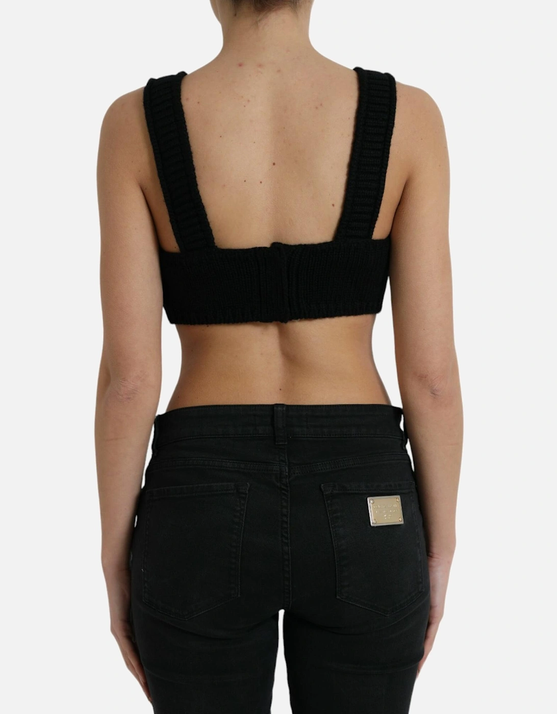 Black Cashmere Bustier Crop Top with Logo Details Women T-Shirts