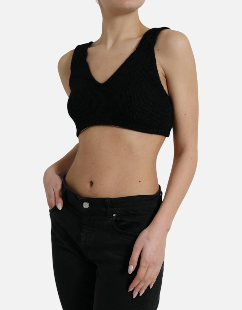 Black Cashmere Bustier Crop Top with Logo Details Women T-Shirts