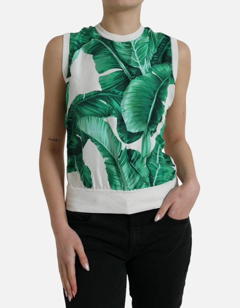 Silk Banana Leaf Print Tank Top Women - White T-Shirts