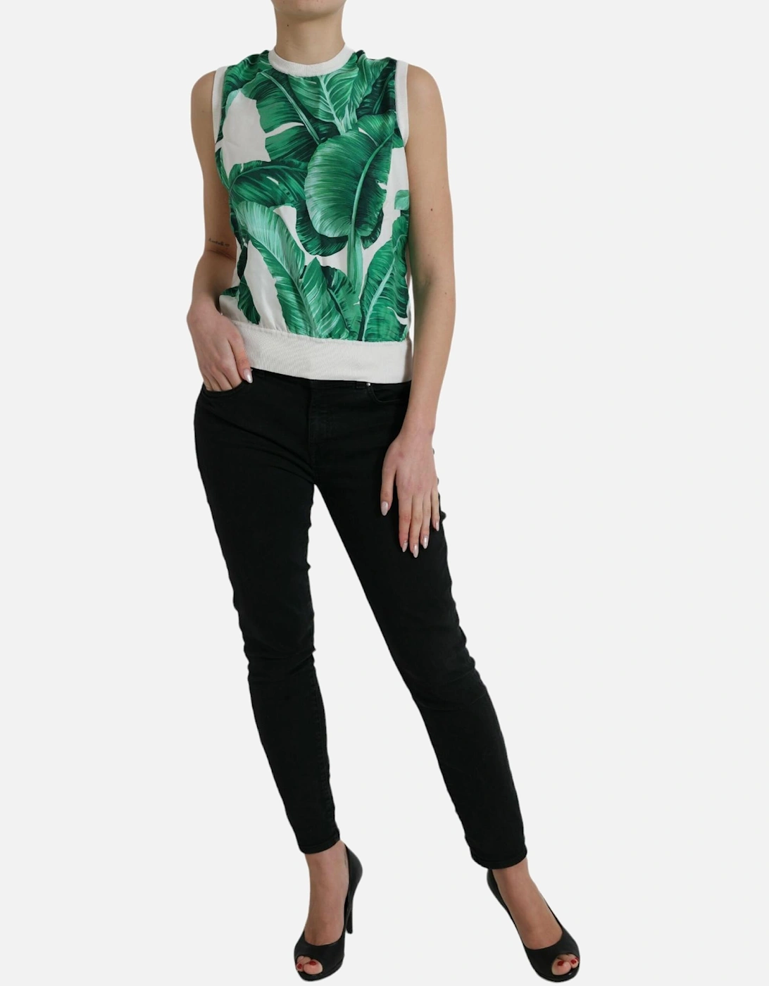 Silk Banana Leaf Print Tank Top Women - White T-Shirts