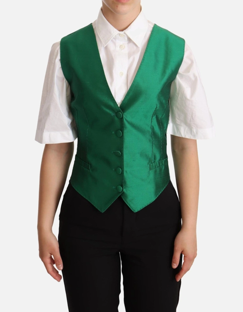 Silk Twill Waistcoat with Button Fastening Women - Green Vests