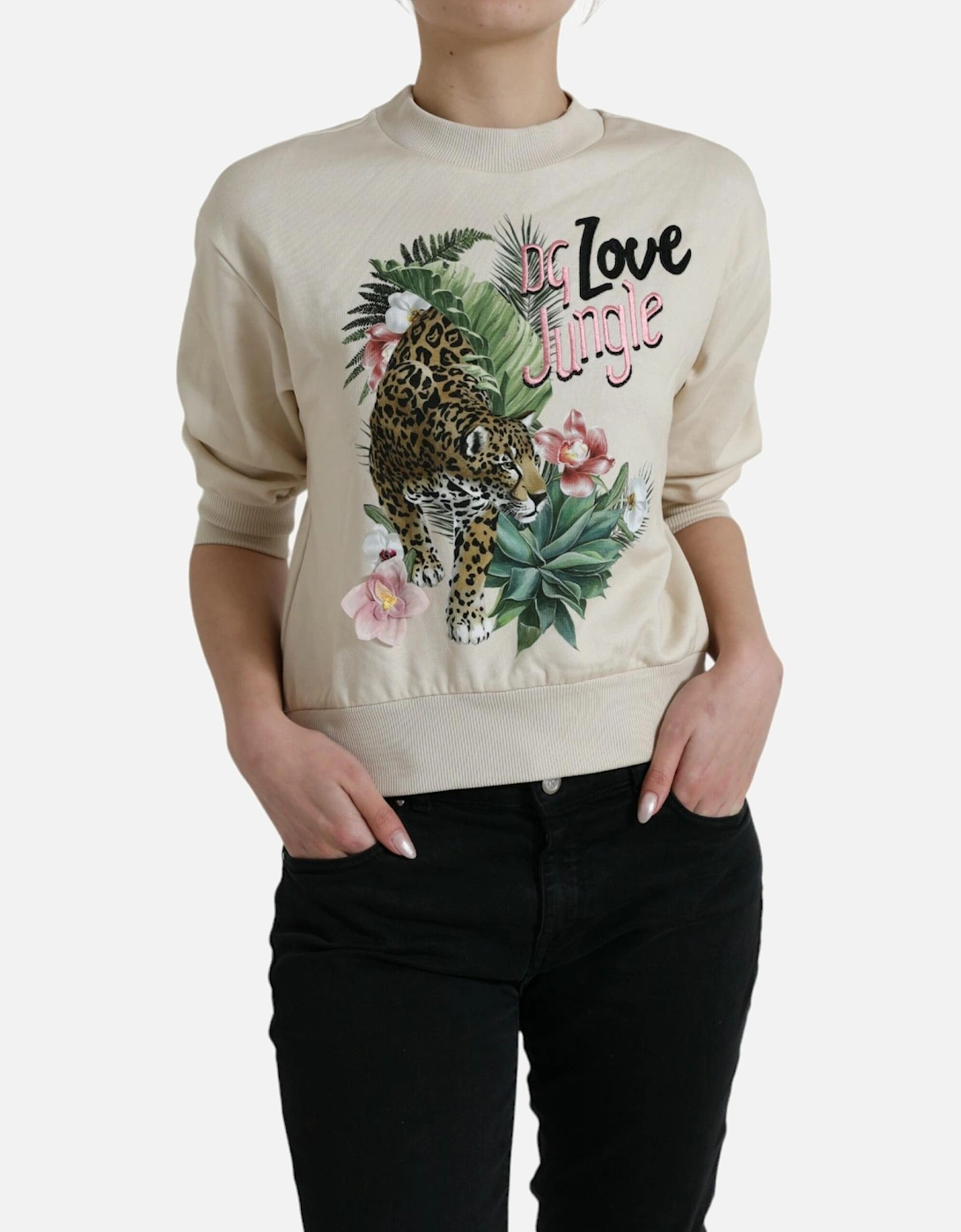 Jungle Print Crewneck Pullover Sweater Women - Beige, 7 of 6