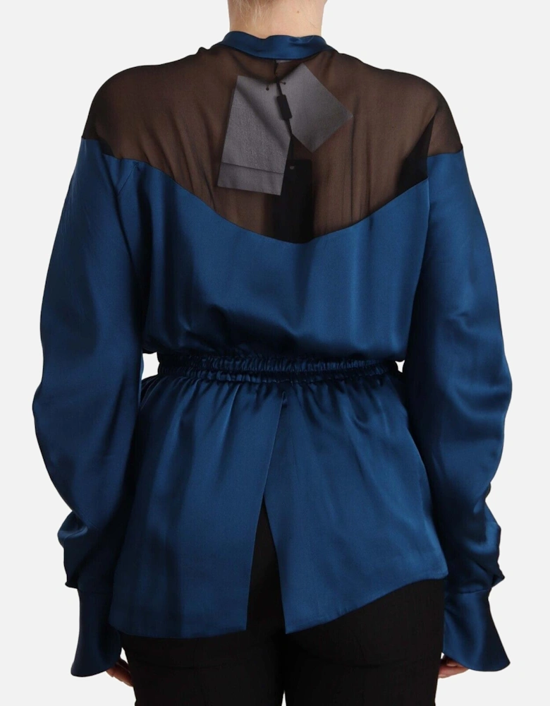Silk Satin Blouse High Neck Long Sleeves Women - Blue T-Shirts