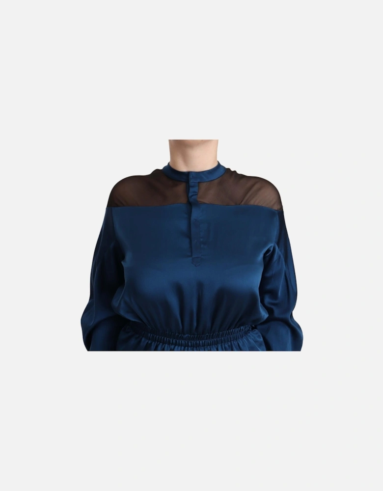 Silk Satin Blouse High Neck Long Sleeves Women - Blue T-Shirts