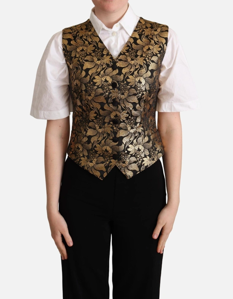 Brocade Vest Floral Print Women - Black