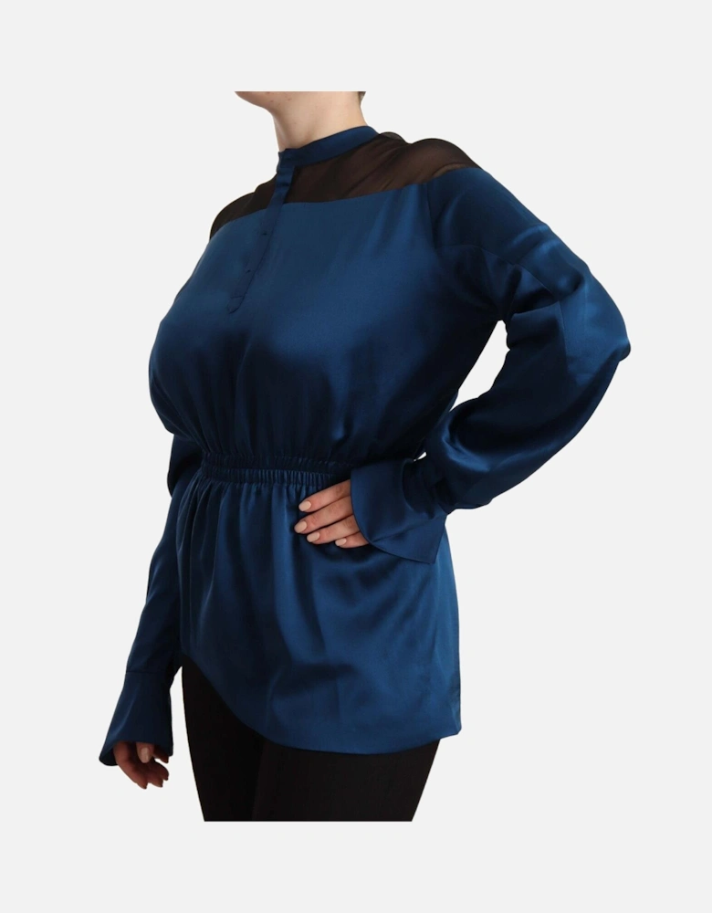 Silk Satin Blouse High Neck Long Sleeves Women - Blue T-Shirts