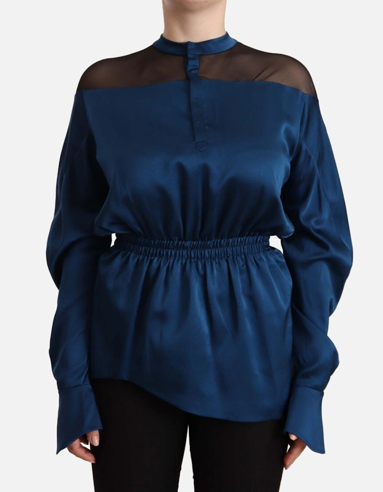 Silk Satin Blouse High Neck Long Sleeves Women - Blue T-Shirts