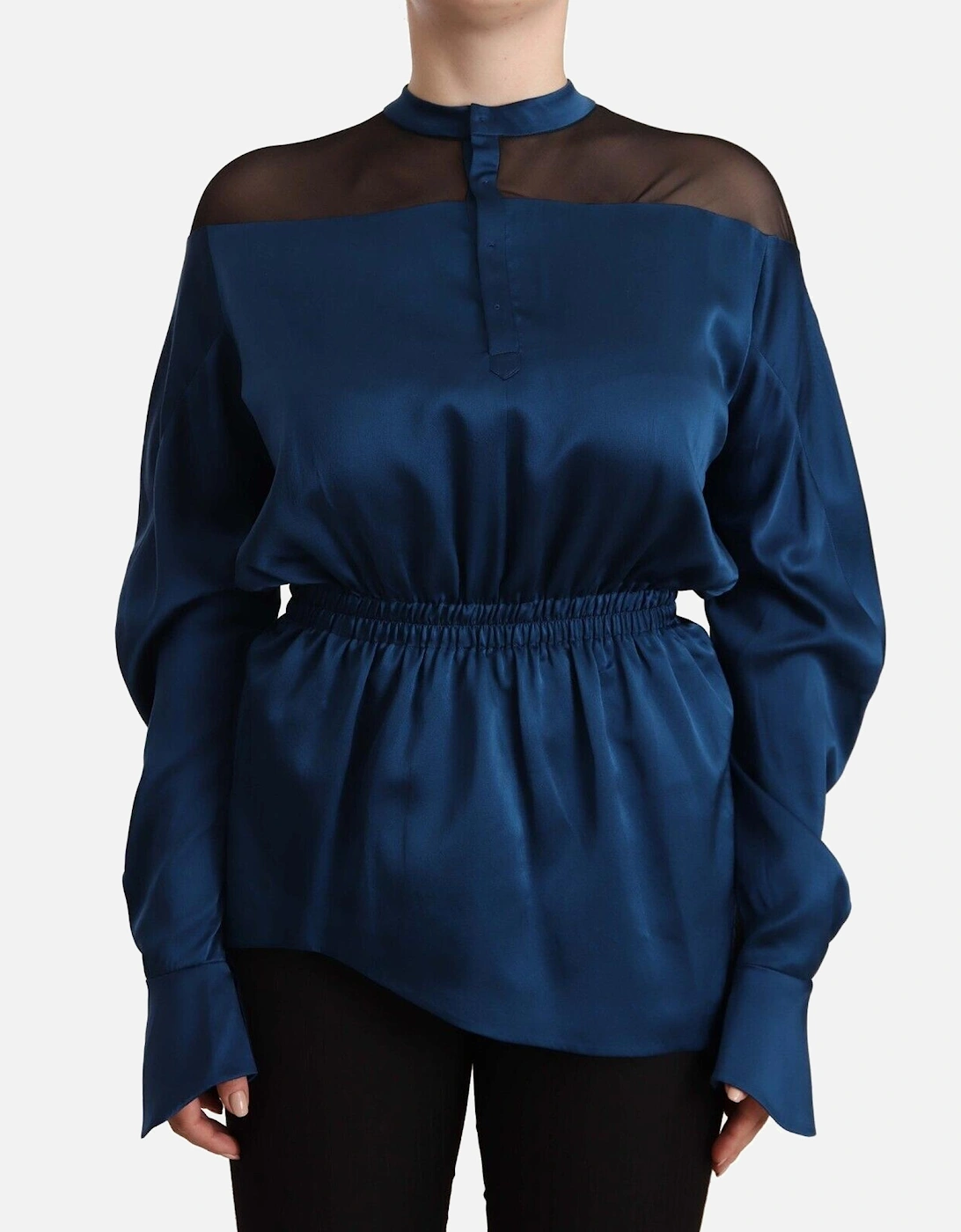Silk Satin Blouse High Neck Long Sleeves Women - Blue T-Shirts, 5 of 4