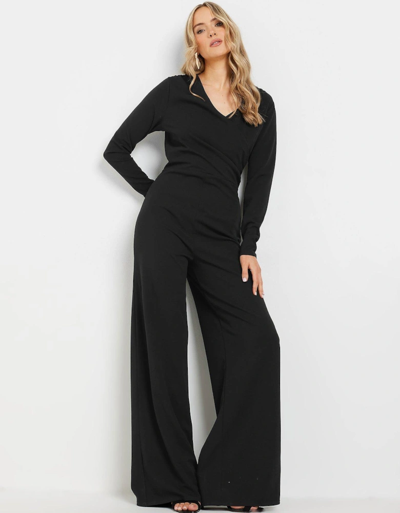 Sleeve Scuba Wrap Jumpsuit - Black