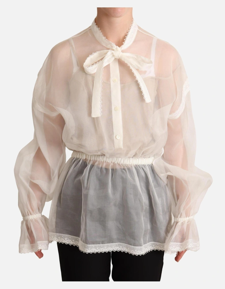 Organza Blouse Puff Sleeves Lace Trim Women - White T-Shirts