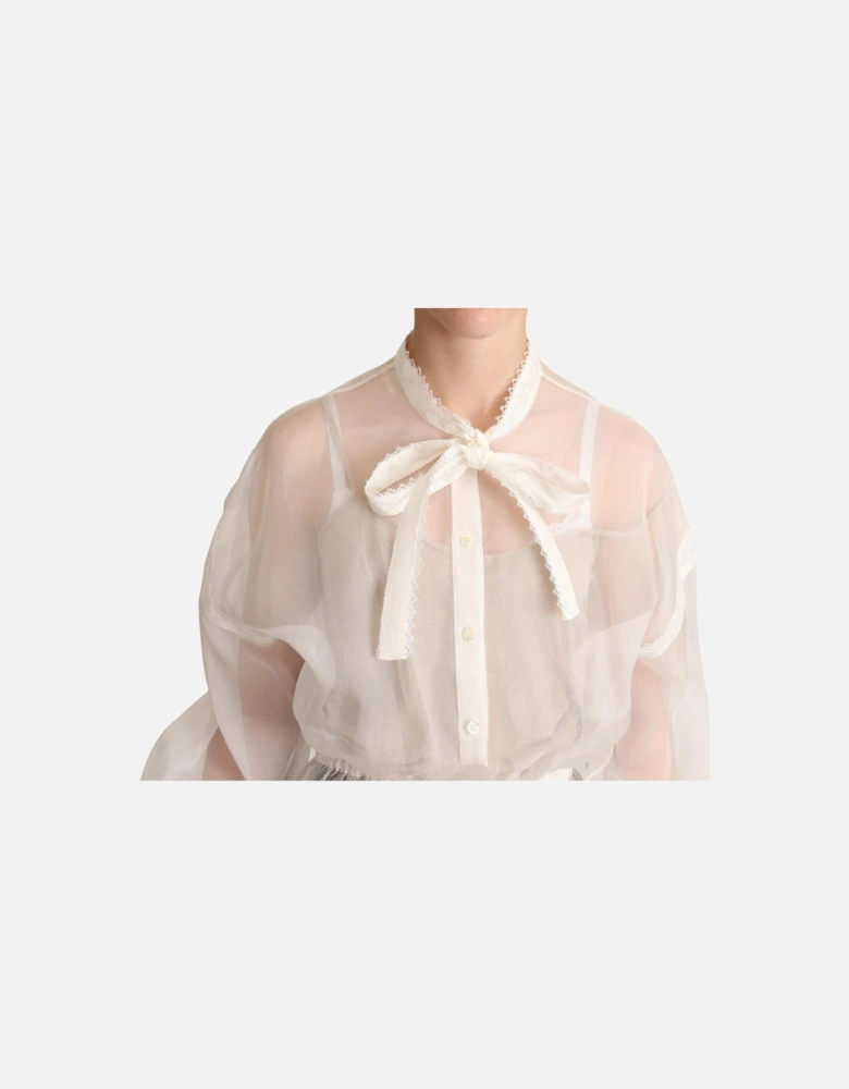 Organza Blouse Puff Sleeves Lace Trim Women - White T-Shirts