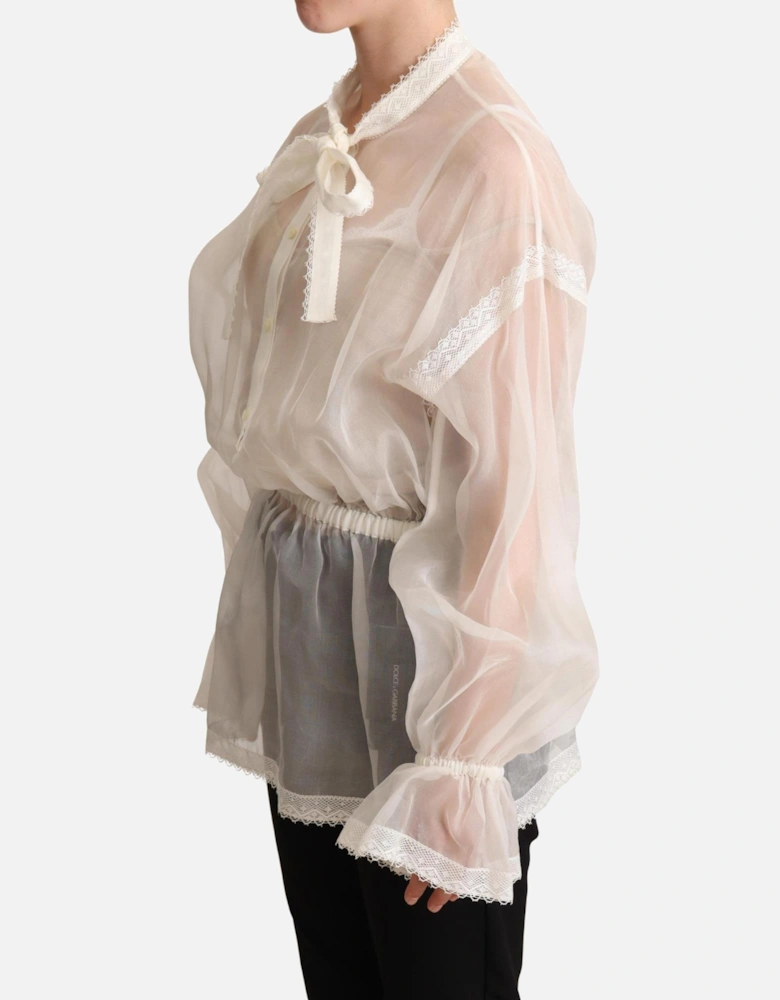 Organza Blouse Puff Sleeves Lace Trim Women - White T-Shirts