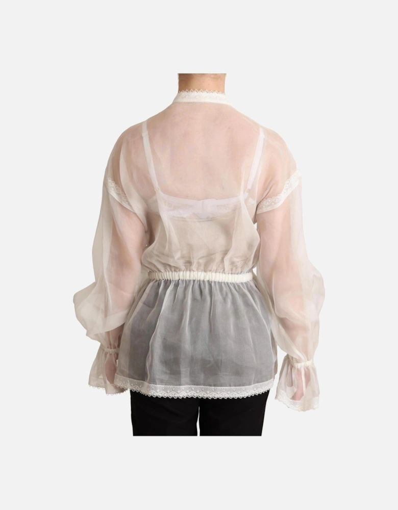 Organza Blouse Puff Sleeves Lace Trim Women - White T-Shirts