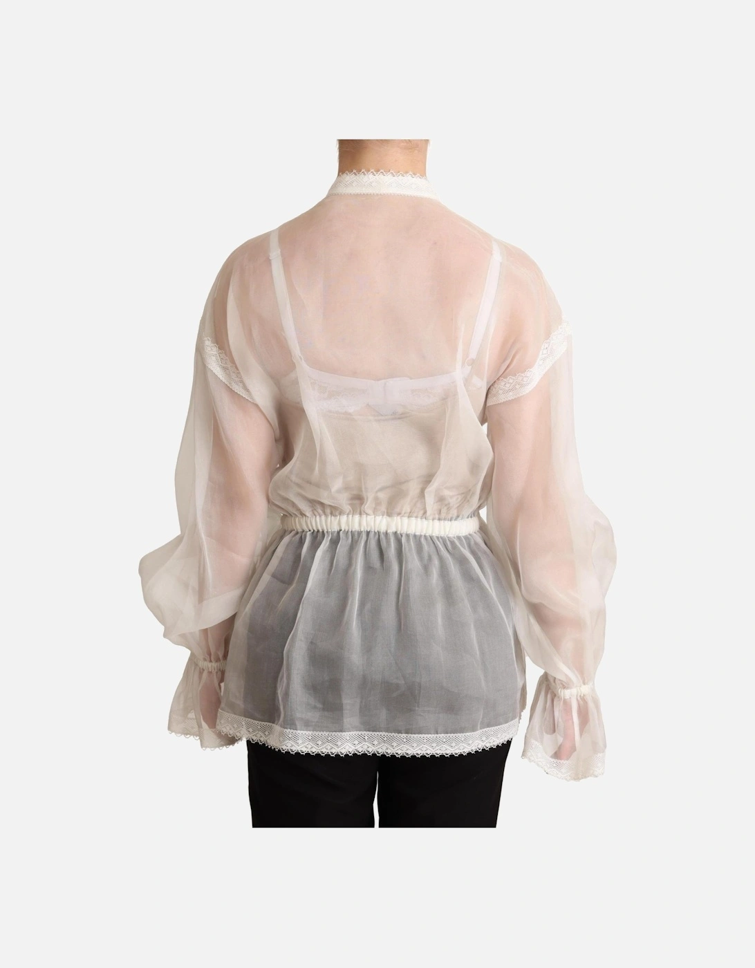 Organza Blouse Puff Sleeves Lace Trim Women - White T-Shirts